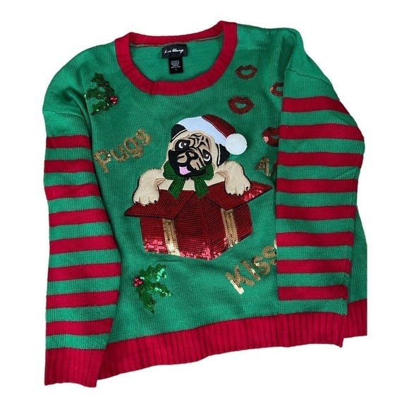 Love always Pugs & Kisses Christmas sweater NWOT womens size L - Picture 1 of 9